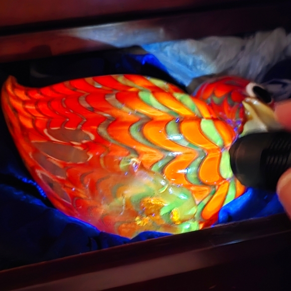 Murano Style Type Duck 9"L x 5"W x 7"H - Vibrant Reddish Orange Swirl Colors - Picture 10 of 12